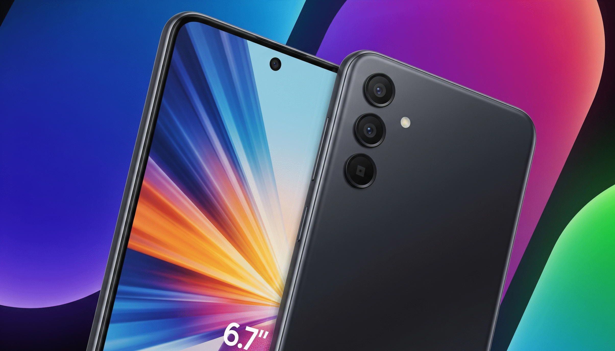 Samsung Galaxy A17 5G smartphone with sleek slim design, 6.7-inch Super AMOLED display, and triple rear camera, showcased in a colorful vibrant background – 16:9 banner style.