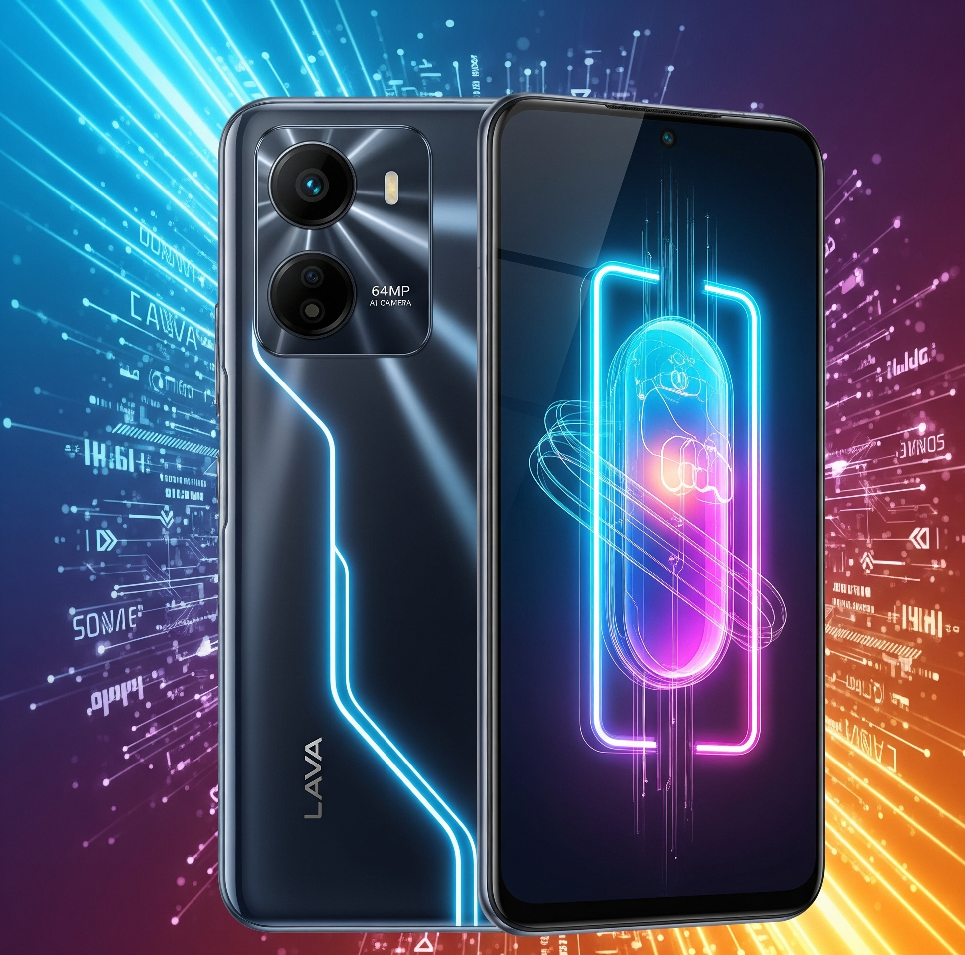 Lava Play Ultra 5G smartphone with 6.67-inch AMOLED display, dual 64MP rear cameras, and sleek glass design showcased in a colorful gradient background.