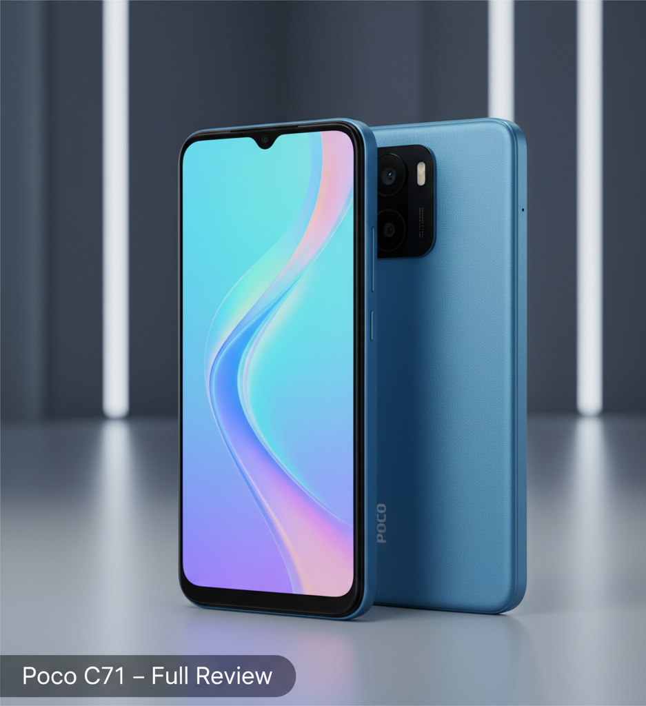 Poco C71 smartphone shown from front and back with large display, slim design, and modern look in a 16:9 featured image.