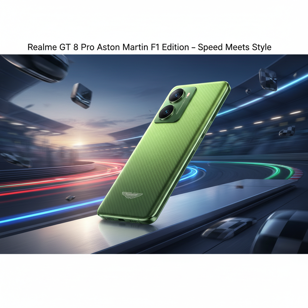 Realme GT 8 Pro Aston Martin F1 Edition smartphone in Racing Lime Green color with Aston Martin logo, showcased on a futuristic Formula 1 racetrack background symbolizing speed and luxury.