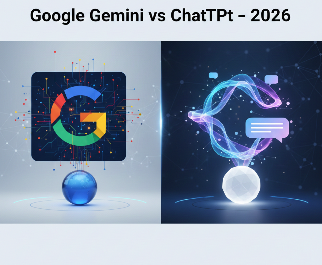 Google Gemini vs ChatGPT comparison in 2026 showing AI features and performance