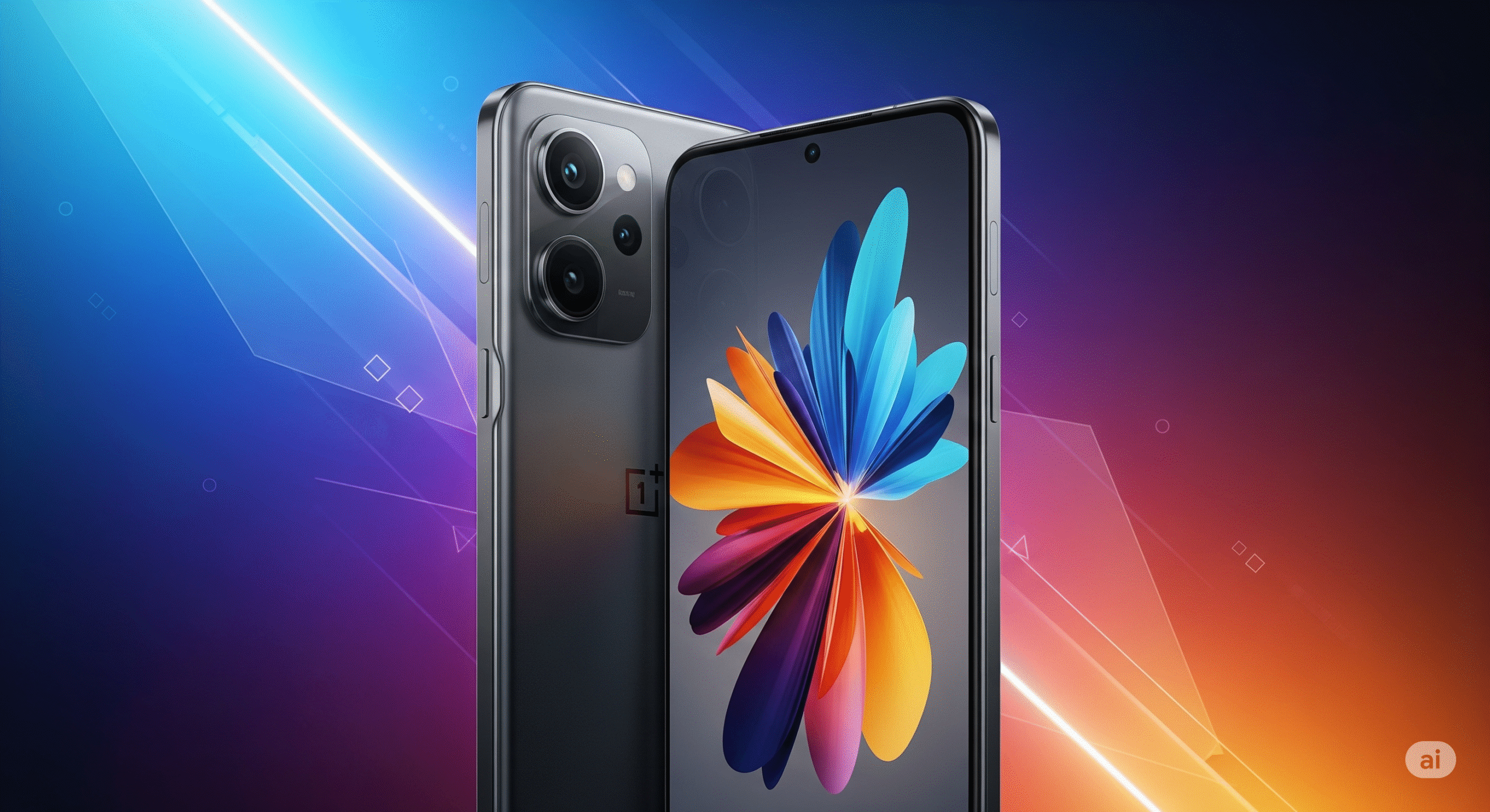 OnePlus 13 smartphone promotional image showcasing price drop on Amazon to ₹64,999 with colorful 16:9 banner design highlighting the phone’s display and camera.