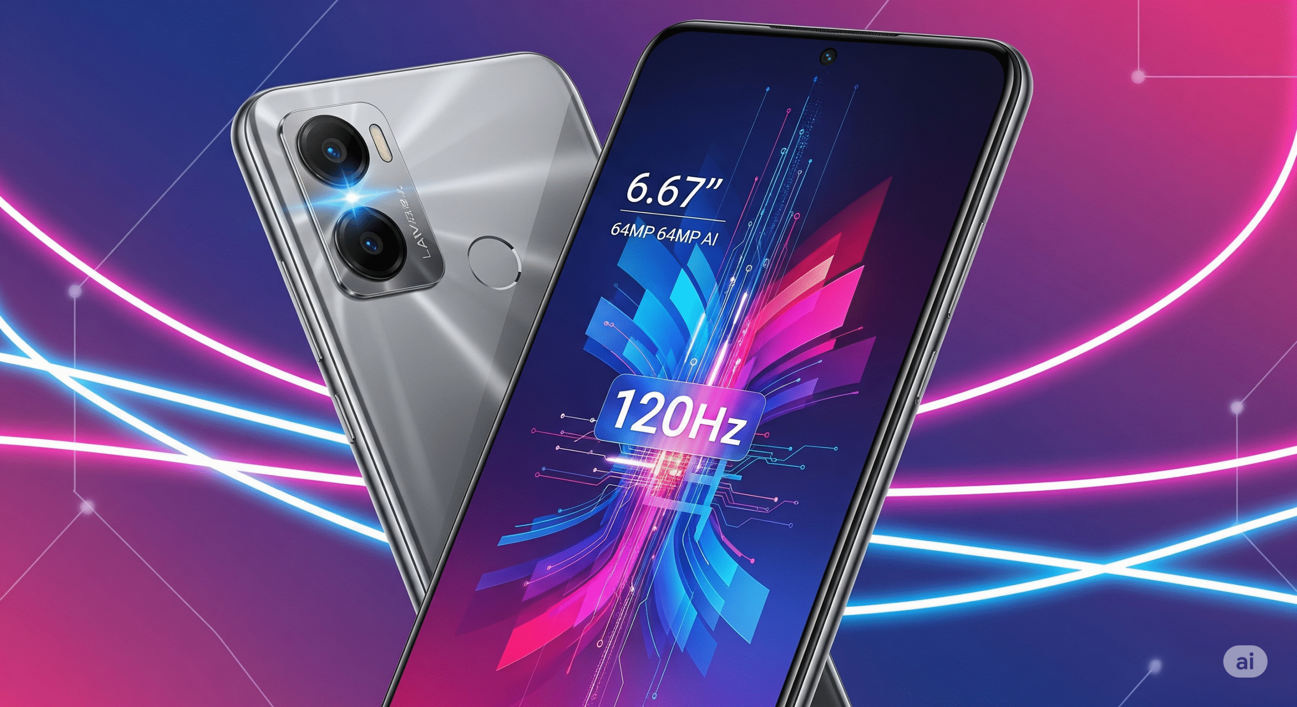 Lava Play Ultra 5G smartphone with 6.67-inch AMOLED display, dual 64MP rear cameras, and sleek glass design showcased in a colorful gradient background.